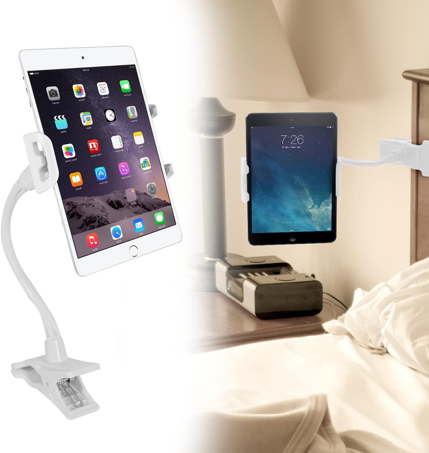 Macally Gooseneck Tablet Holder for Bed, Desk, Stroller, Bike - Perfect as Phone Clip Mount, Tablet Stand for Bed, or iPhone Holder - Easy to Use and Compatibility up to 8” Wide - Flexible and Sturdy