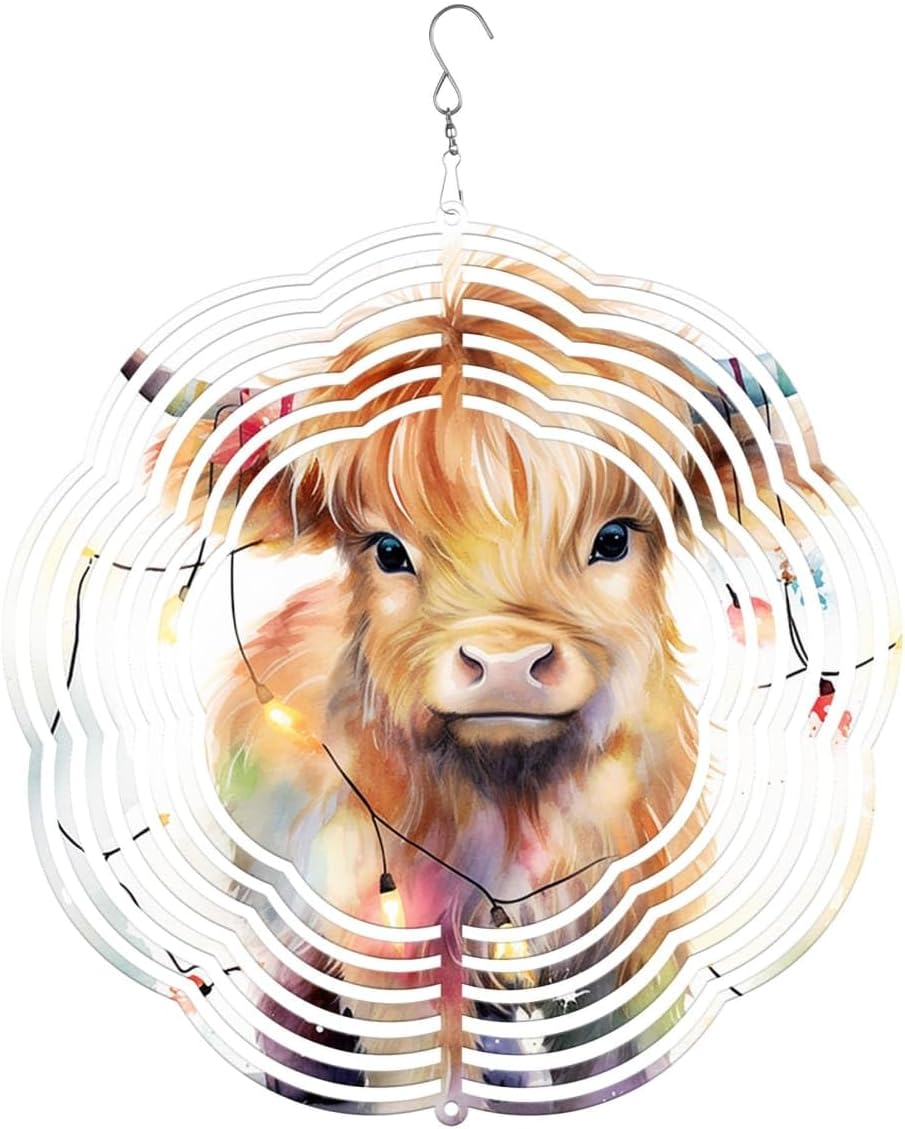 Highland Cow Light Christmas Wind Spinners 3D Stainless Steel Laser Cut Metal Double Sided Printing-Hanging Indoor/Outdoor Decorations Yard Gardening Decor,Metal Kinetic Art 16x16 inches