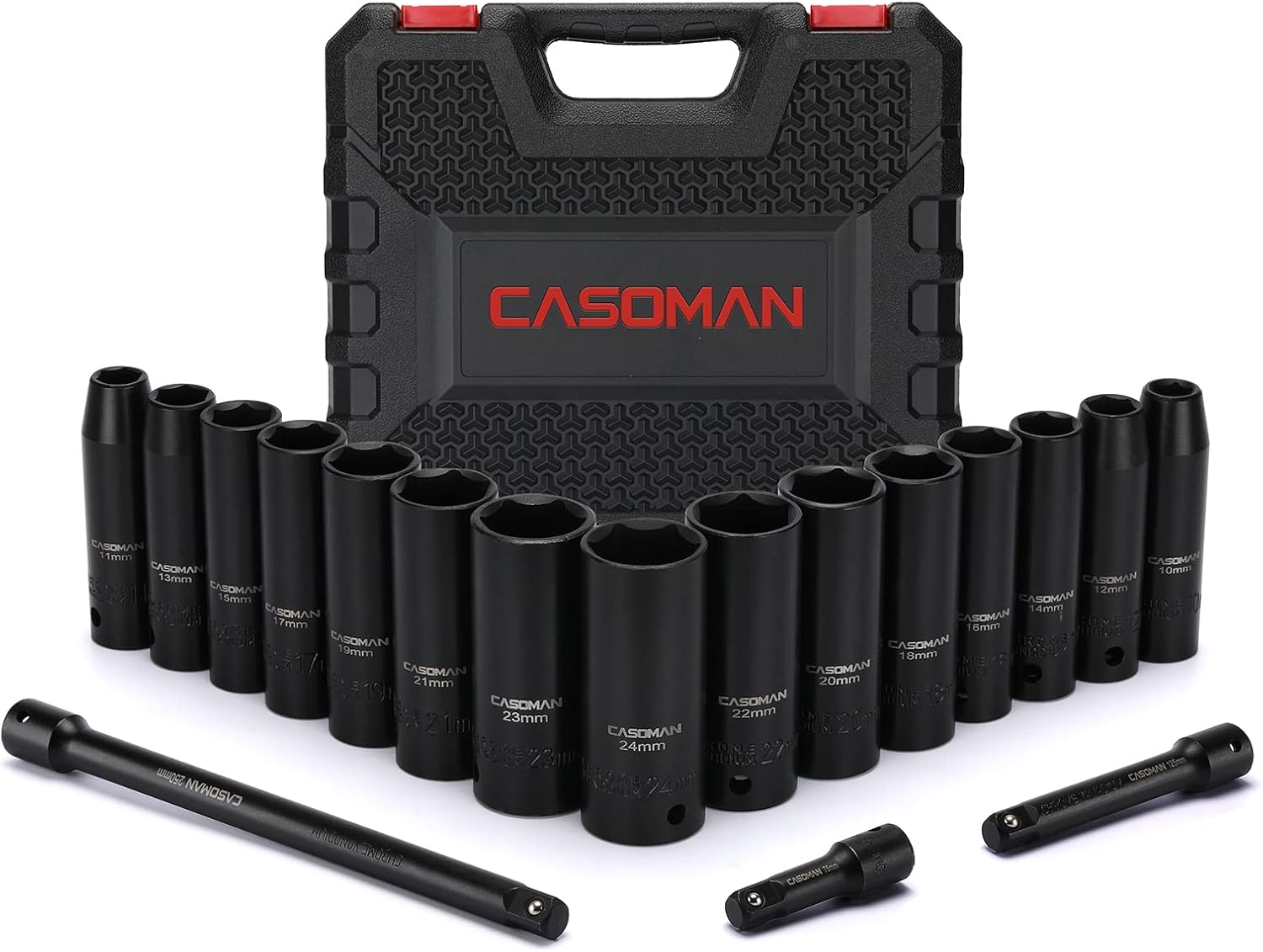 CASOMAN 18PCS 1/2" Drive Impact Socket Set, Deep, CrV Steel, Metric