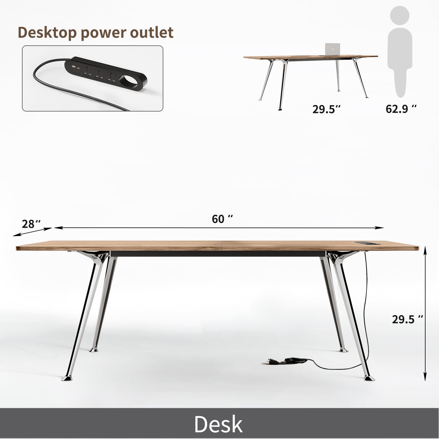 60-Inch Executive Desk, Modern Desk for Home Office, Wooden Study Writing Work Table with Power Outlets and USB-C Port, Large Legroom, Sturdy Metal Frame, Mid-Century Modern Simple, Light Brown