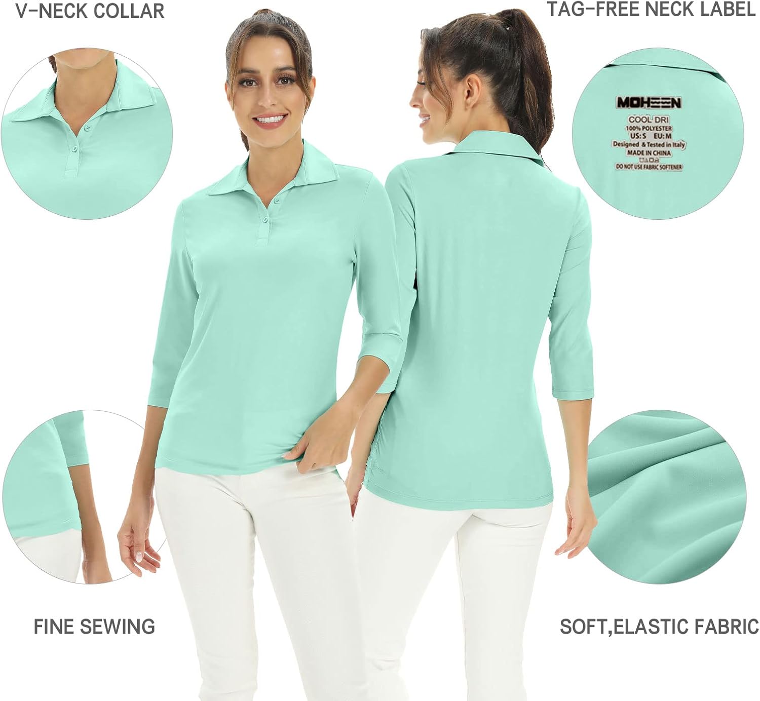 Corna Women's 3/4 Sleeve Golf Polo Shirts UPF 50+, V Neck Mositure Wicking Performance Sports Collared Shirt Office Work Tops - Image 4