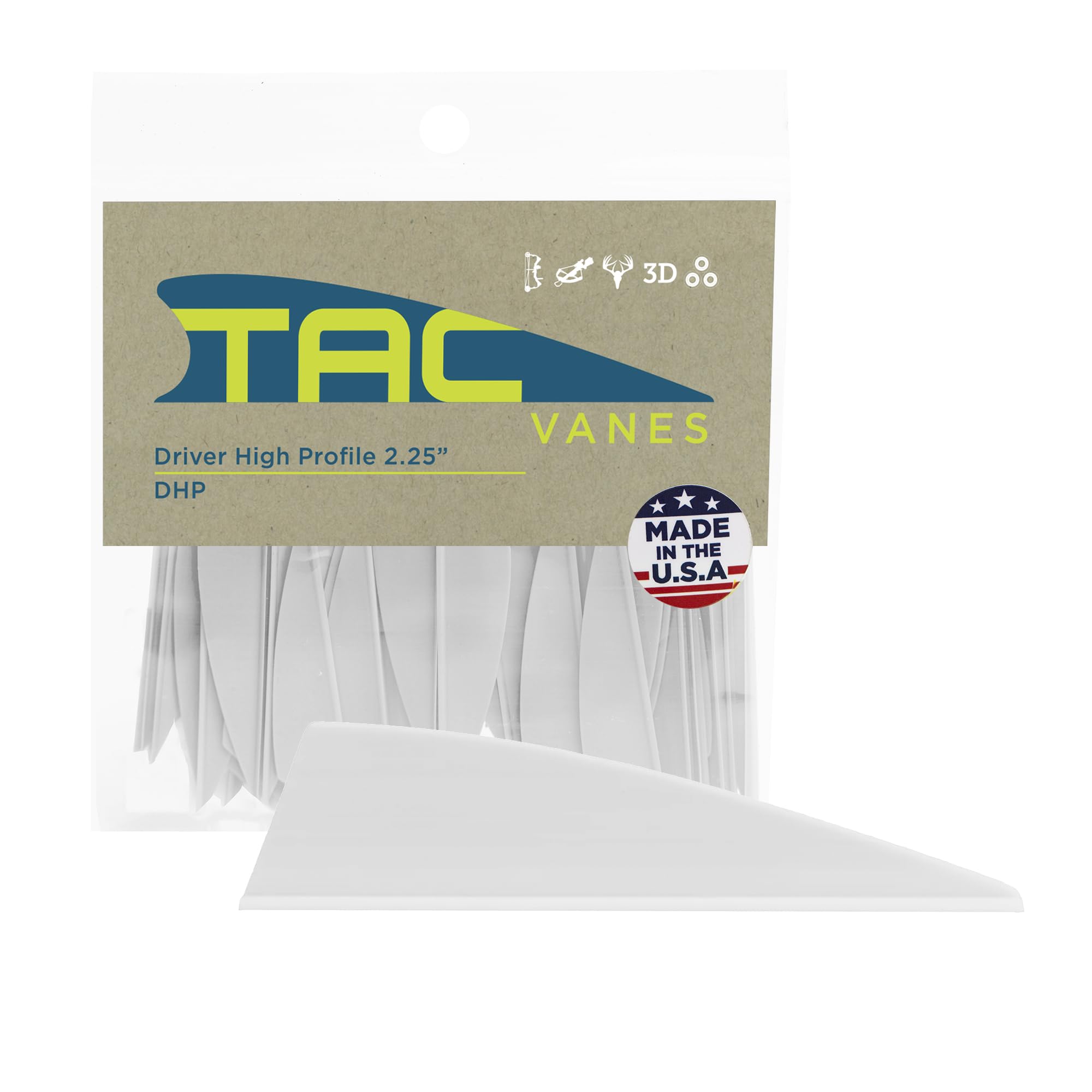 TAC Vanes Lot de 36 ailettes de flèche à profil haut de 5,7 cm, blanches, ailettes de tir à l'arc pour flèches, design de liaison durable, conçues pour un vol stable dans la chasse et le tir sur cible