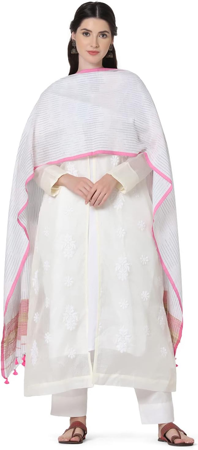 THE WEAVE TRAVELLERHandloom Woven Pure Cotton, Ikkat Inspired White Dupatta With Pom Pom Edgings