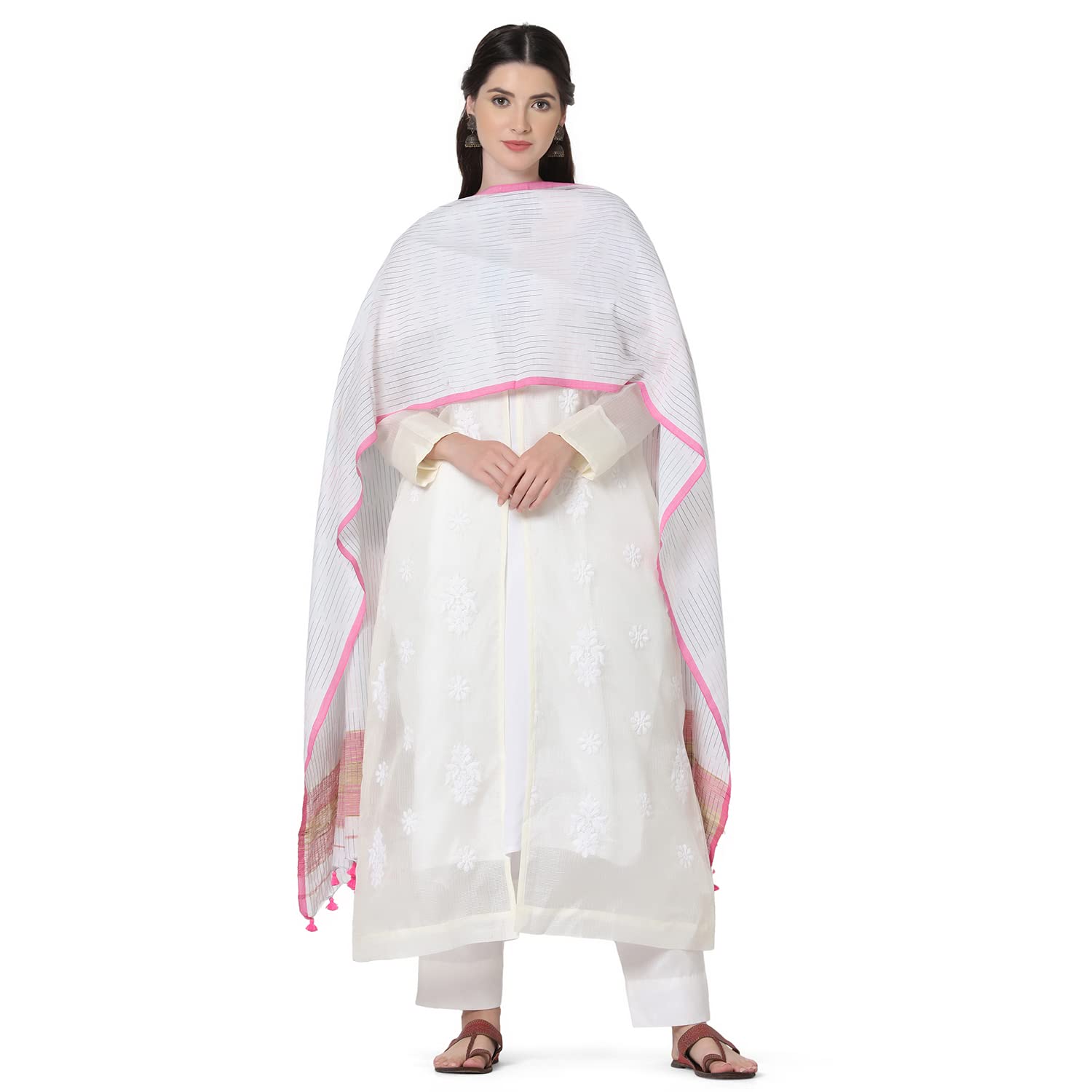 THE WEAVE TRAVELLERHandloom Woven Pure Cotton, Ikkat Inspired White Dupatta With Pom Pom Edgings