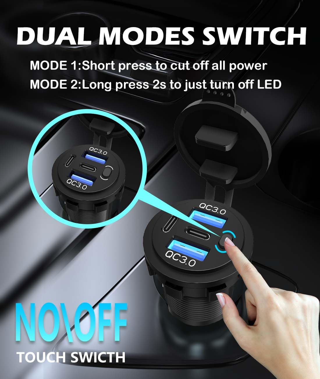 Quad-Port 12 V USB-Steckdose mit Schalter & LED – 78 W Dual QC3.0 & Dual PD3.0 USB C Autoladegerät Buchse für Wohnmobil, Motorrad, Marine, LKW, Golfwagen, Boot, Zubehör