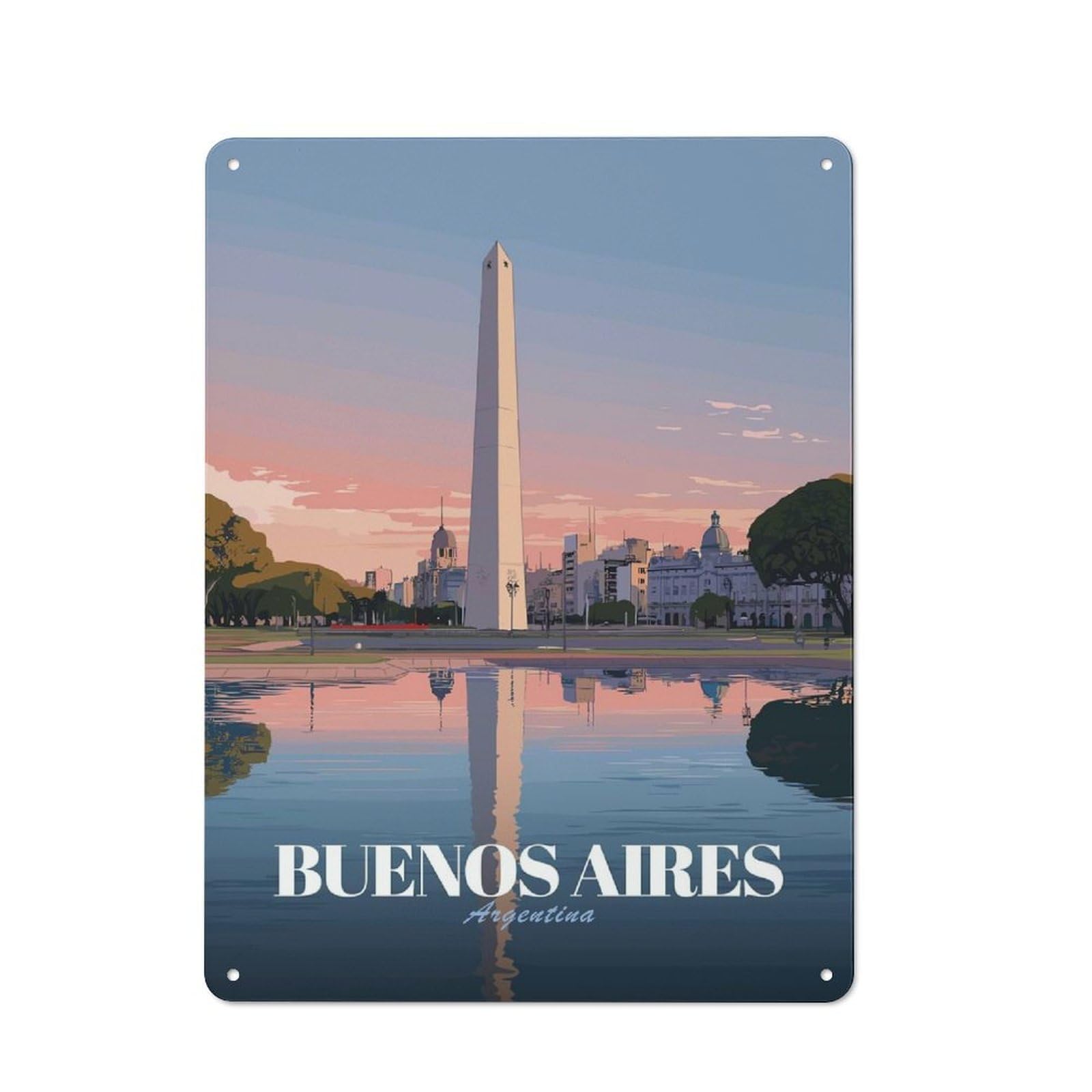 Junmoney Style-11 Buenos Aires Obelisk At Sunset Printed Metal Sign 40X30cm For Workshop Wall, Suited To Metal Sign Collectors, For Retro Home Interiors