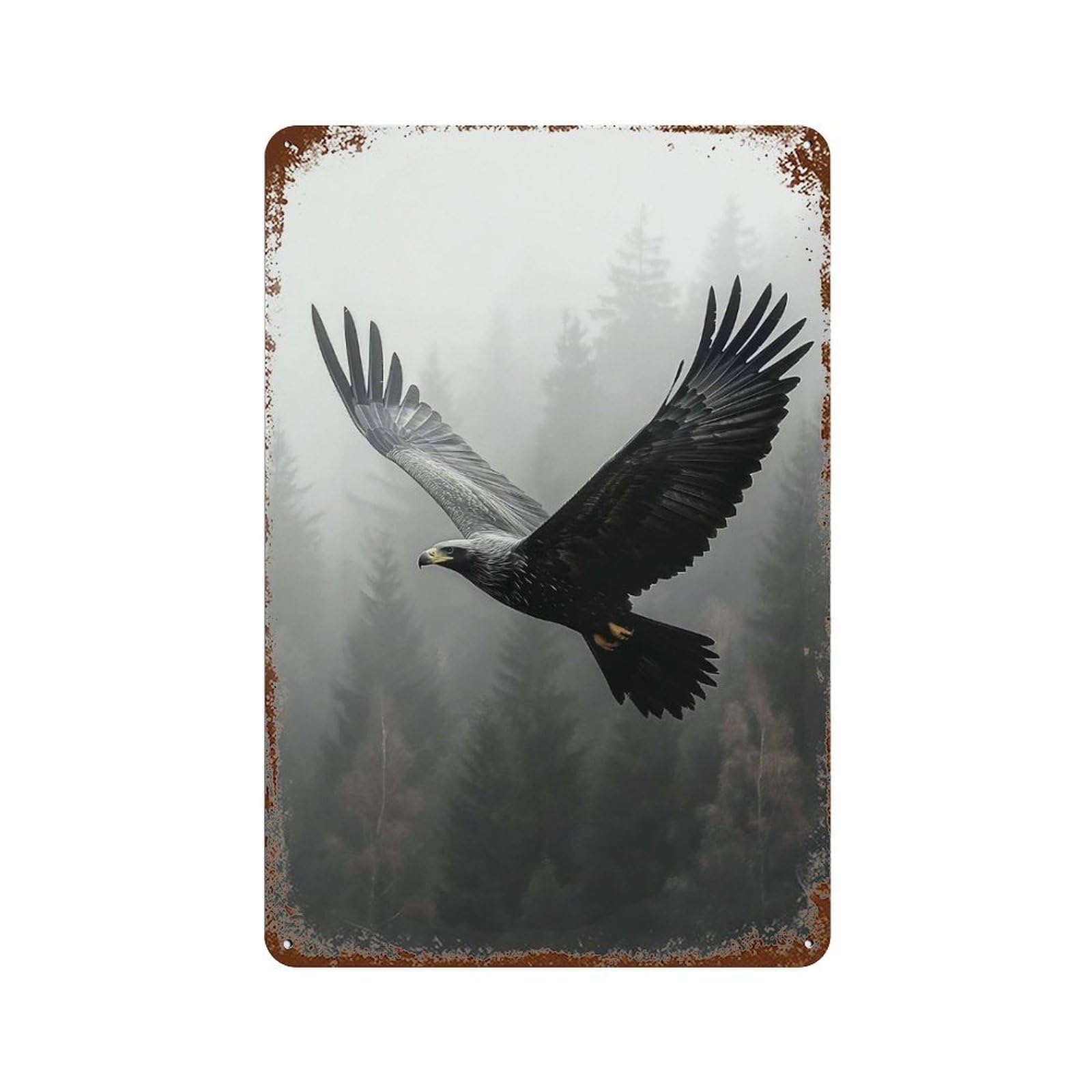 Eagle Soaring through Misty Forest Rust Effect Tin Sign 11.8"x7.9", Industrial Home Decor for Garage, Pub Or Kitchen