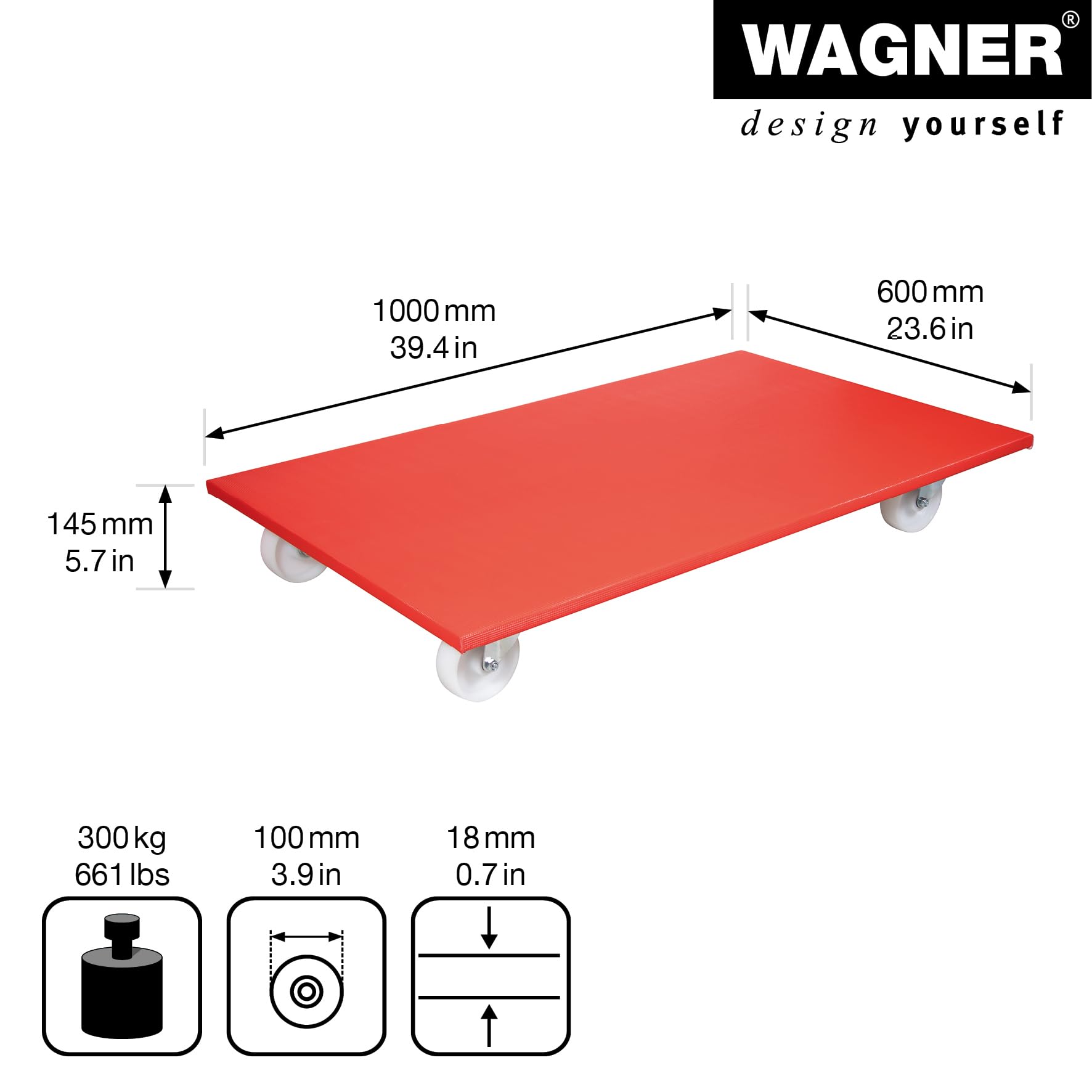 WAGNER Transportroller Transporthilfe 1696 I FSC® Mulitplex Schonbezug I 100 x 60 x 14,5 cm I Tragkraft 300 kg I Umzugsroller, Schwerlastroller für Umzug I rutschhemmend für innen & außen I Made in DE