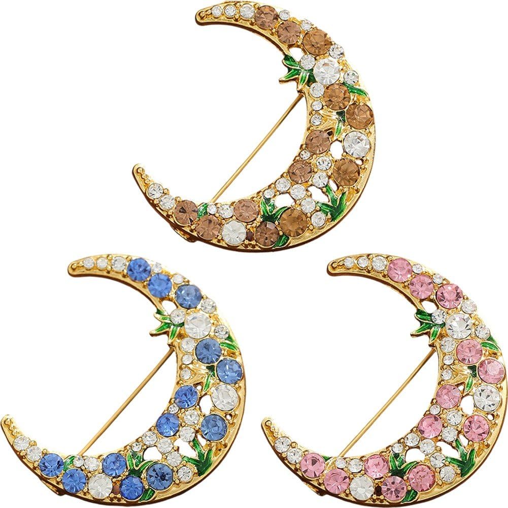 Fituenly 3pcs Crescent Moon Brooch Pin with Leaf, Vintage Elegant Lapel Brooches for Christmas Thanksgiving, Colorful Rhinestone Floral Corsage Badge