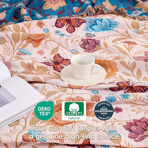 Image of VANJOROY Boho Throw Blanket, 100% Organic Cotton Breathable Ultra Soft 80 inch x 90 inch Bed Quilt Throw - All Season Floral Rustic Farmhouse Decor Luxury Reversible Blanket for Sofa Couch Chair and Gift