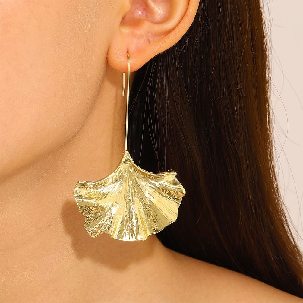 Vintage Gold Ginkgo Leaf Dangle Earrings Statement for Women, Boho Big Silver Leaves Drop Ear Hook Earring Long Line Hanging Trendy Party Jewelry Gift - Image 3