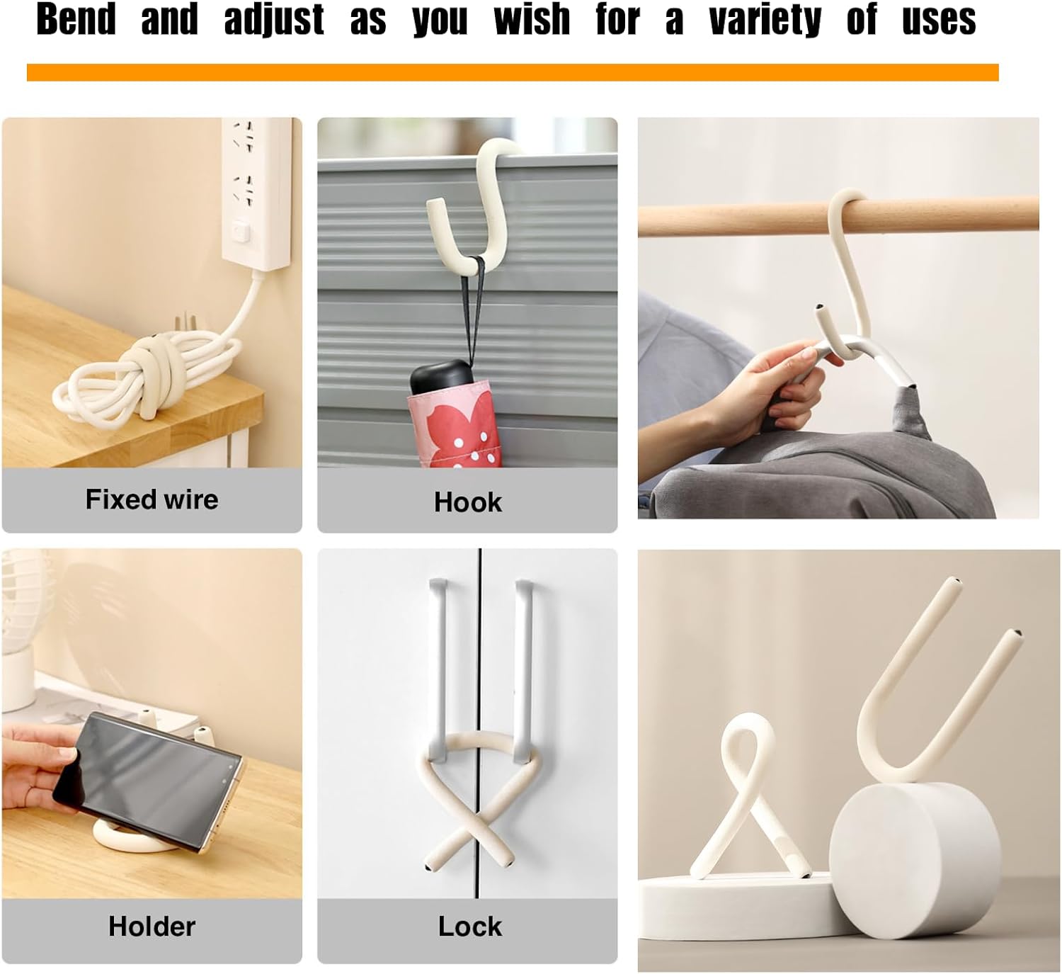 2 Pcs Multi-Function Utility Hooks for Hanging, Bendable Hanging Hooks for Phone Stand Holder, Cabinet Lock, Closet, Car, Electronic Cable Organizer