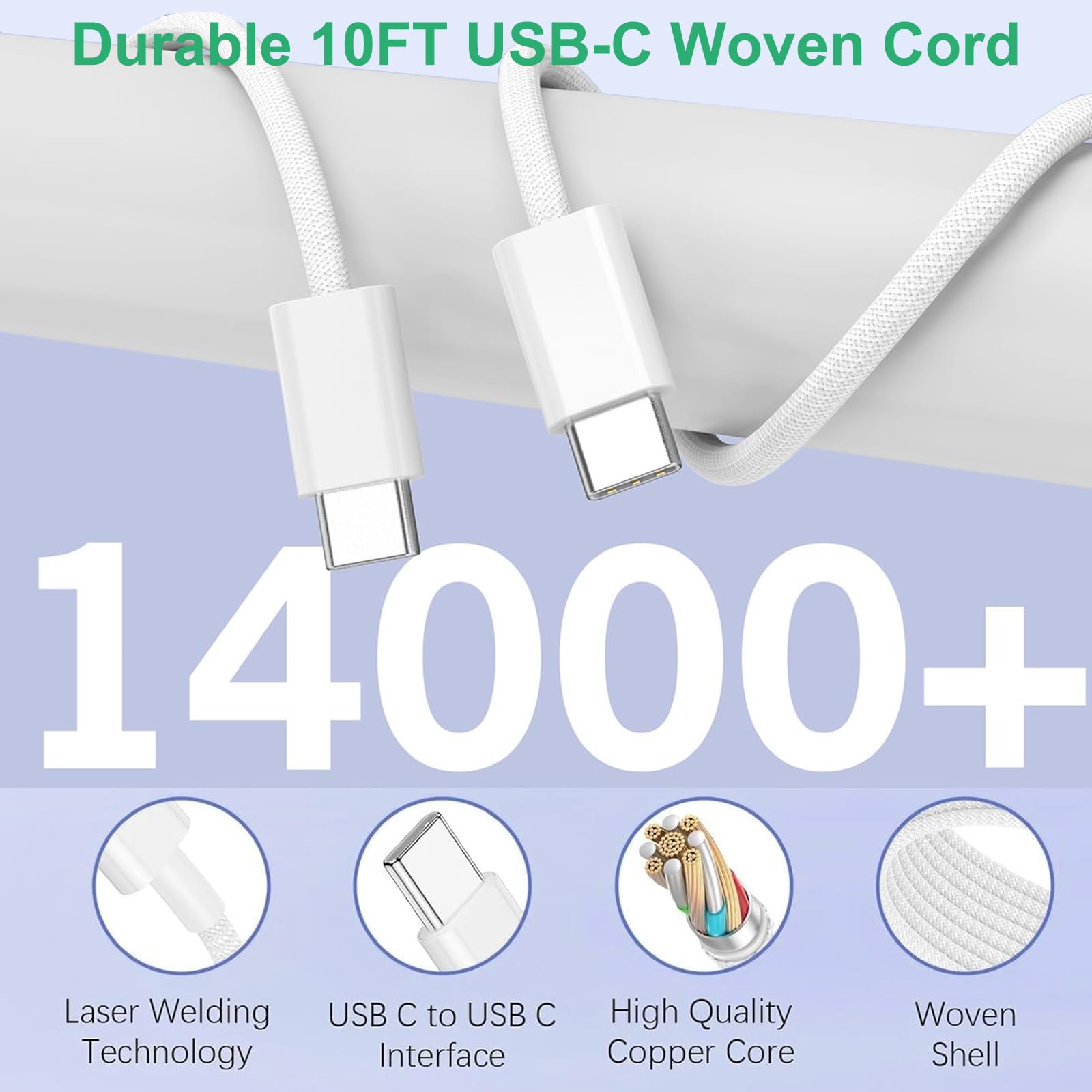 Cargador de carga rápida para iPhone 16 15, paquete de 3 cargadores USB C de carga rápida de 20 W con cable tipo C a C de 10 pies de largo, ladrillo de bloque tipo C para iPhone 16e/16/16 Pro/16 Plus