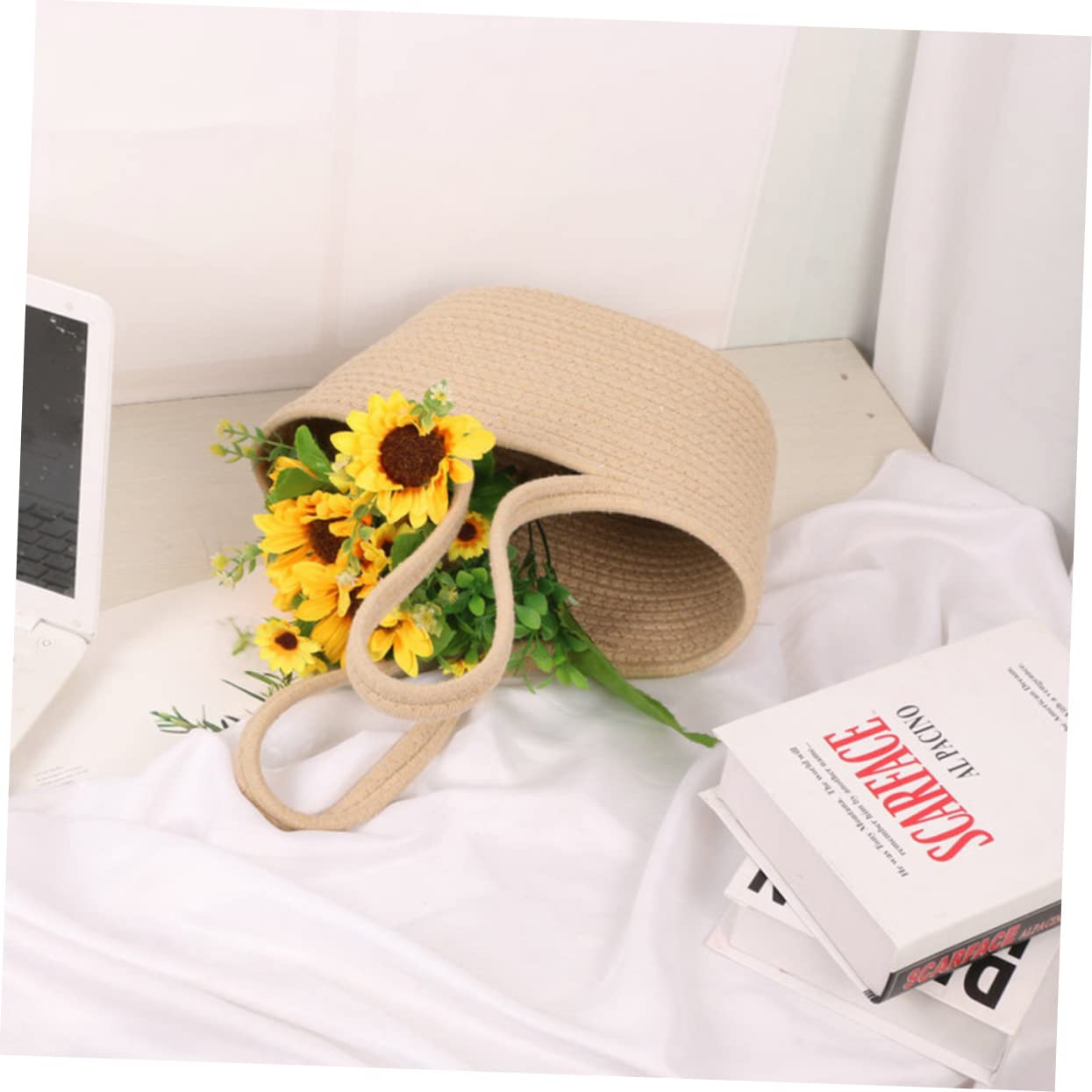 Handkorb aus Baumwolle und Leinen in Khaki, Gewebt | 1 Stück, Tragbares Design für Freizeit und Outdoor Aufbewahrung, Vielseitige Korbtasche für Damen