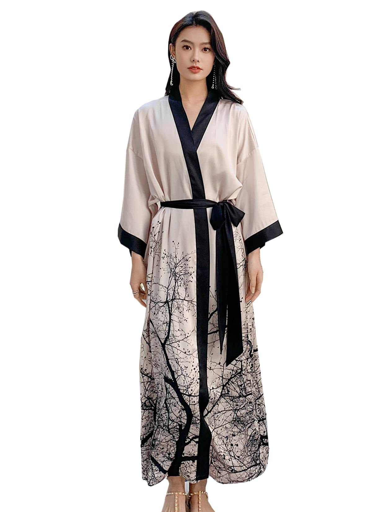 Kimono long en satin pour femme - Imprimé floral