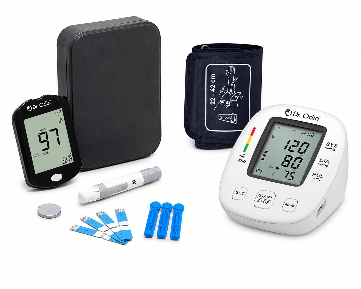 Dr. Odin BP Monitor & Glucose Meter Combo Kit for Home Use | Digital Automatic Blood Pressure Machine OBP104 with Adjustable Cuff + Blood Sugar Testing Machine AC307 with 10 Test Strips, 10 Lancets & Lancing Device | BP & Sugar Monitor Kit-picture-27