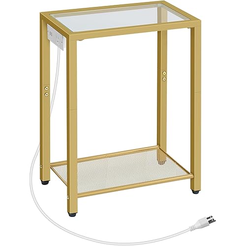 HOOBRO End Table, Side Table with Charging Station, 2-Tier Nightstand with Storage Shelves, Small Space Bedside Table, Telephone Table, Modern Coffee Table, Tempered Glass, Living Room, Gold GD56UBZ01