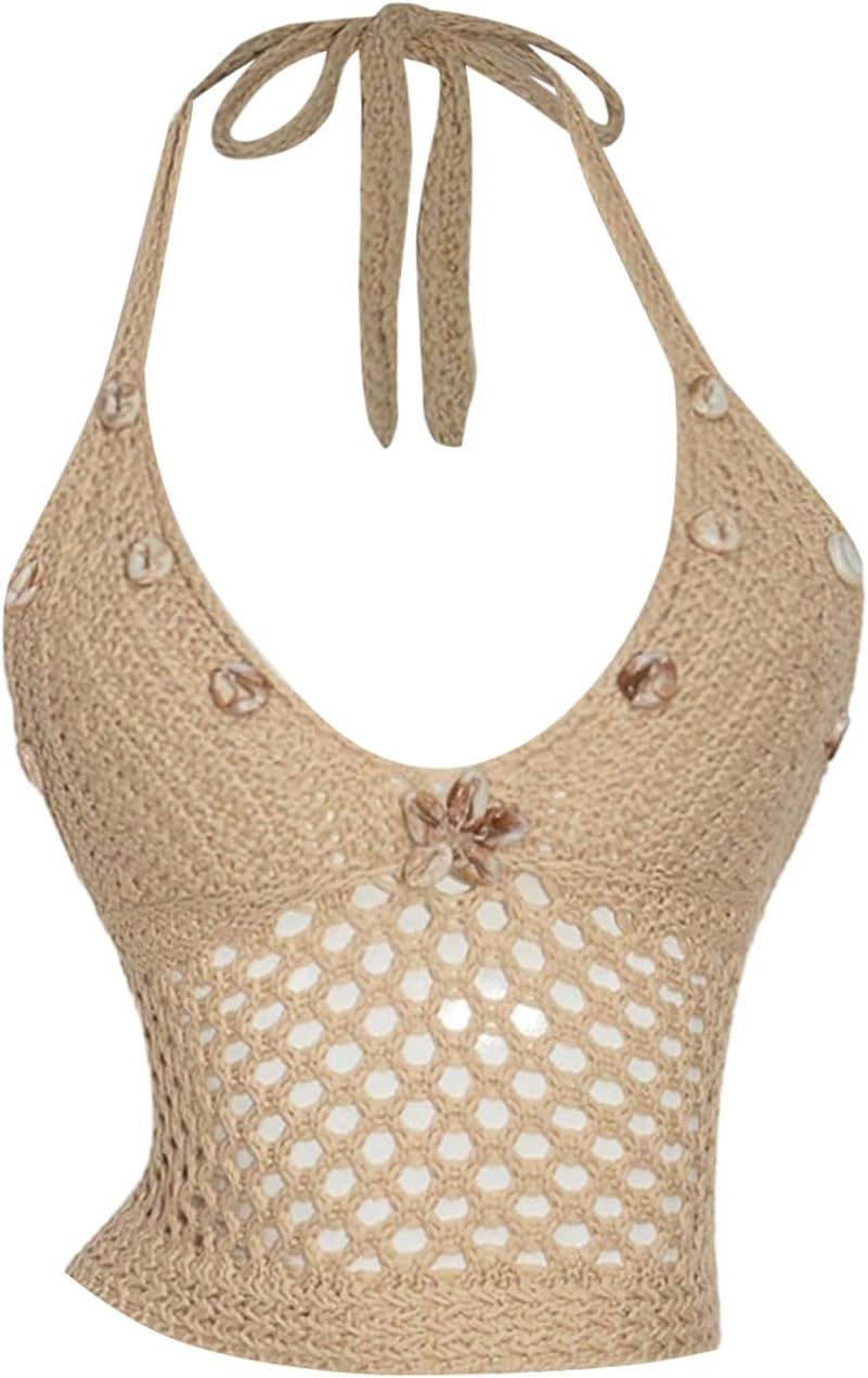 Women's Boho Knit Cropped Halter Tops Shell Decor Crochet Tops Vacation Beach Outfits