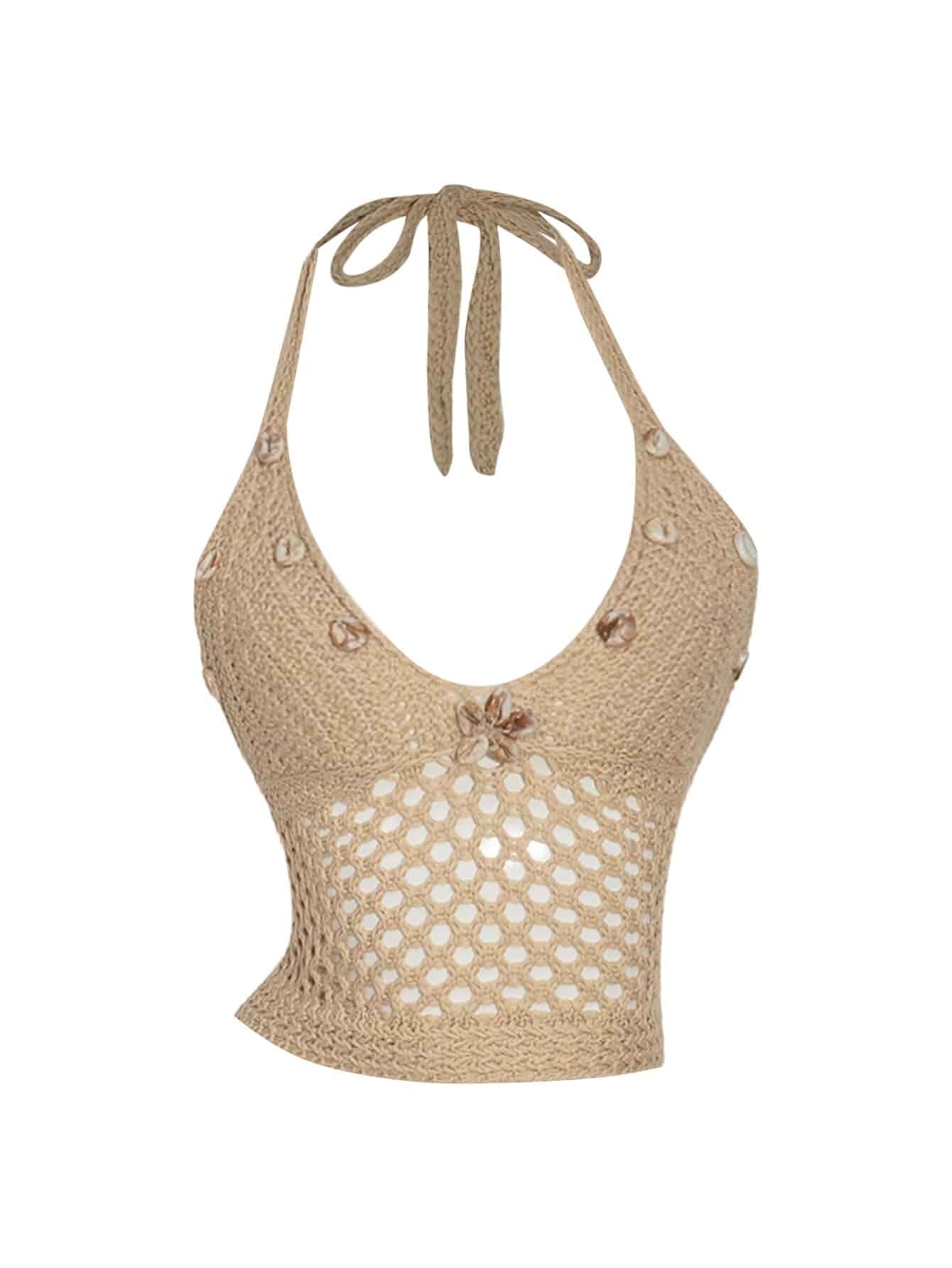 RoseSeek Women's Boho Knit Cropped Halter Tops Shell Decor Crochet Tops Vacation Beach Outfits