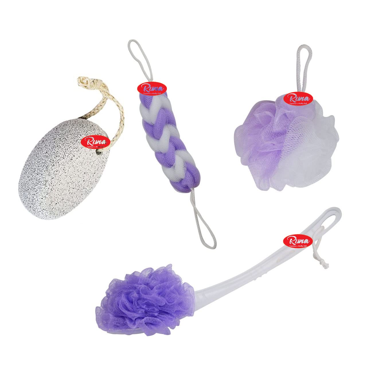 Runa Blue Wash Bathing Accessories Combo of 4- Bath sponge| Body scrubber| Long lofa| Foot scrubber| Bath brush| Back Long lufa| Body wash scrub| Body Cleaning Bathing Loofah For Women Men & Kids (Colour Purple)