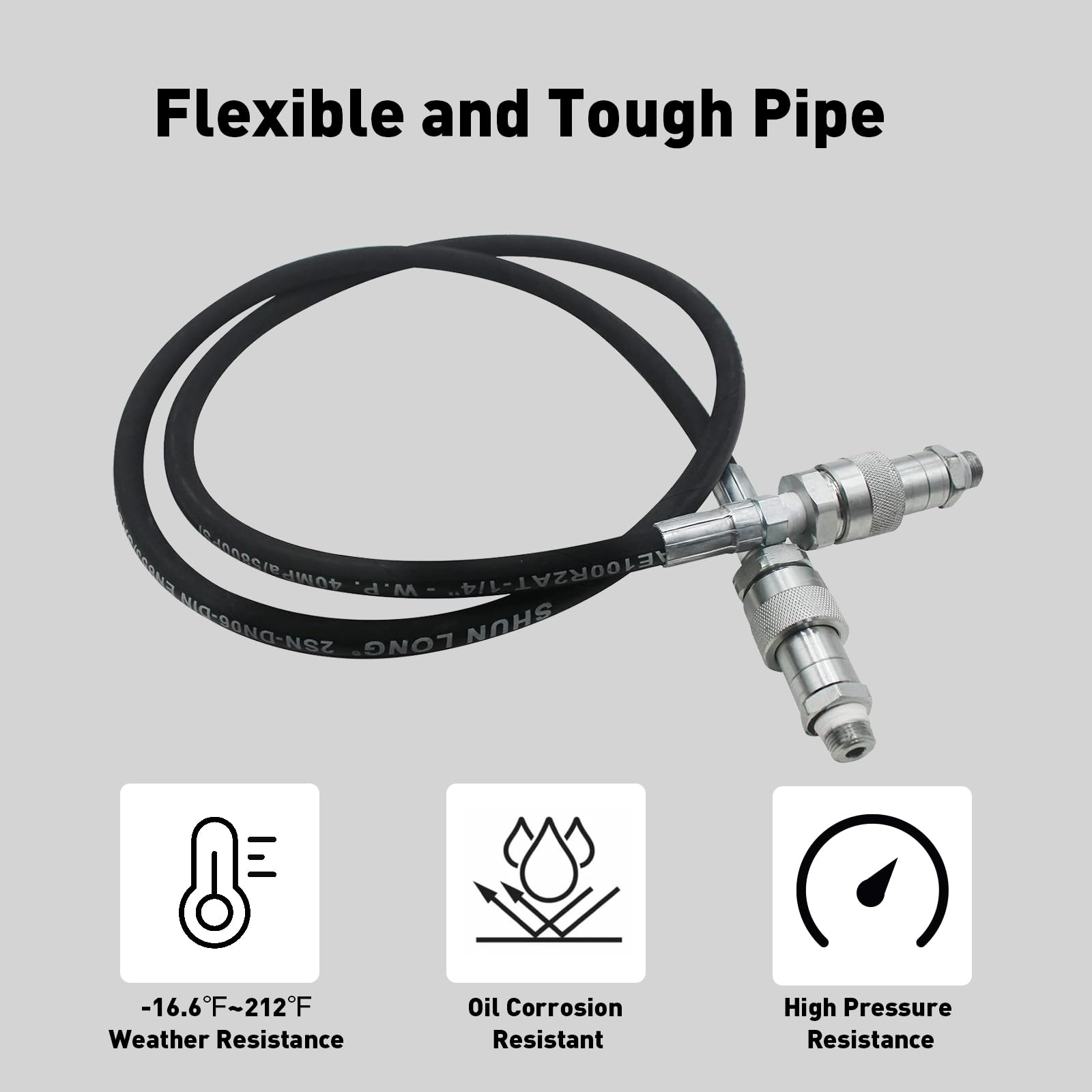 Hydraulikschlauch, 10.000 PSI Arbeitsdruck mit 2 hochfesten Stahldrahtgeflechten, NPT 0,95 cm Schnellverbindungskupplung, flexibler Gummi-Ölschlauch -40 °C bis 120 °C