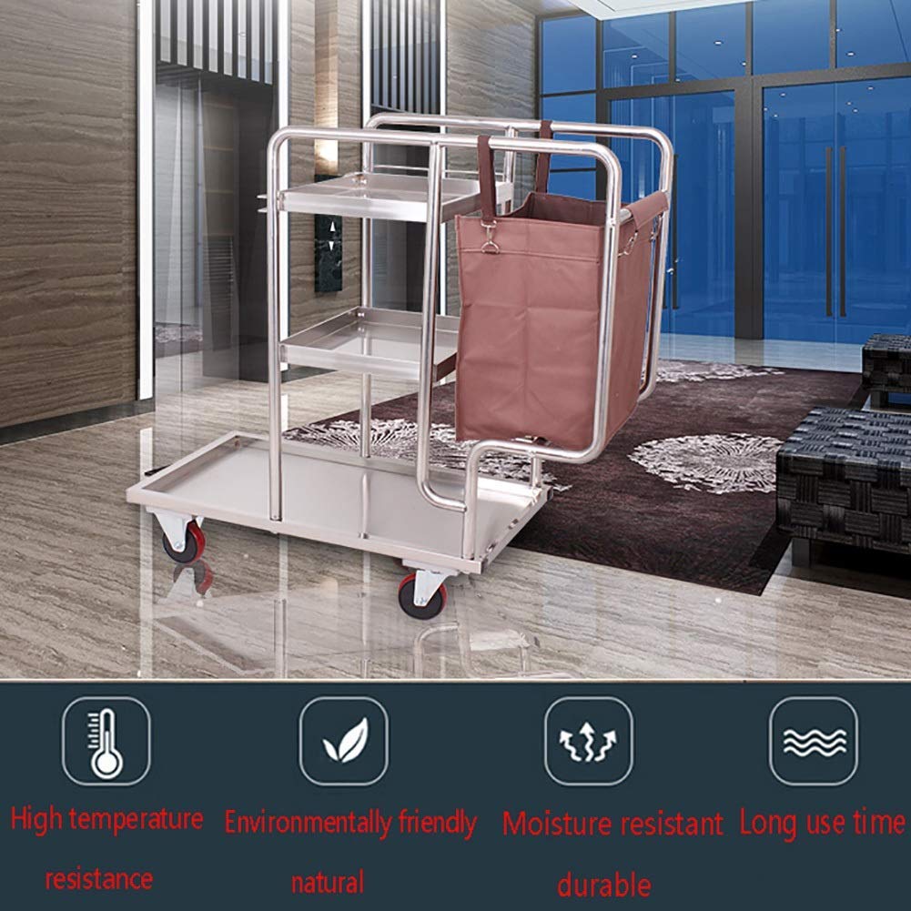 Carrello mobile in acciaio inox - Carrello multifunzionale per pulizie domestiche e commerciali con ruote silenziose e borsa - Ideale per hotel e settore della ristorazio,Red Wheels-102*45*97Cm