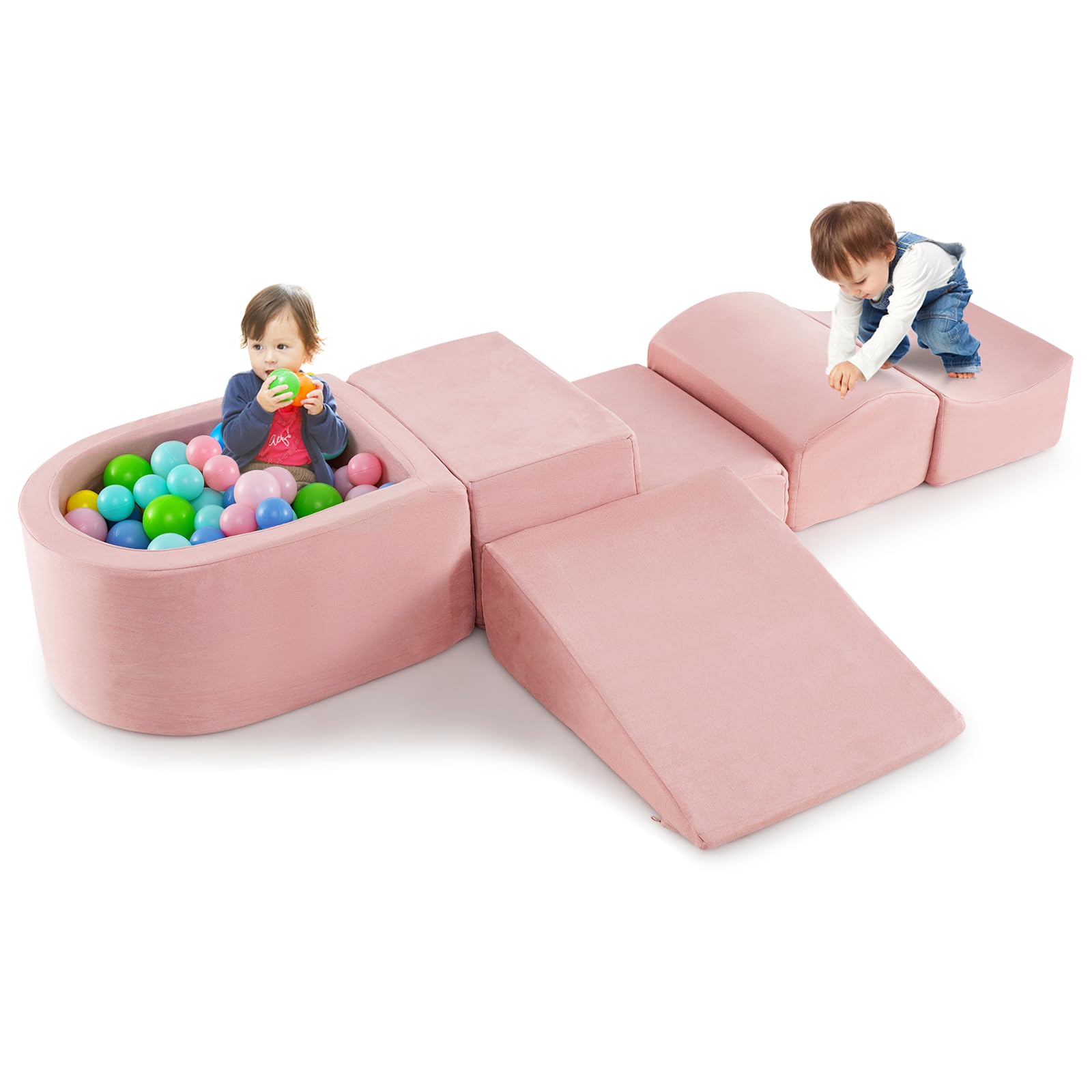 GYMAX Soft Play Equipment, 5 Pieces Kids Activity Set with Ball Pit, Baby Soft Foam Blocks Interactive Toy Foam Climbing Block Play Set for Toddlers (Pink) โ image 1
