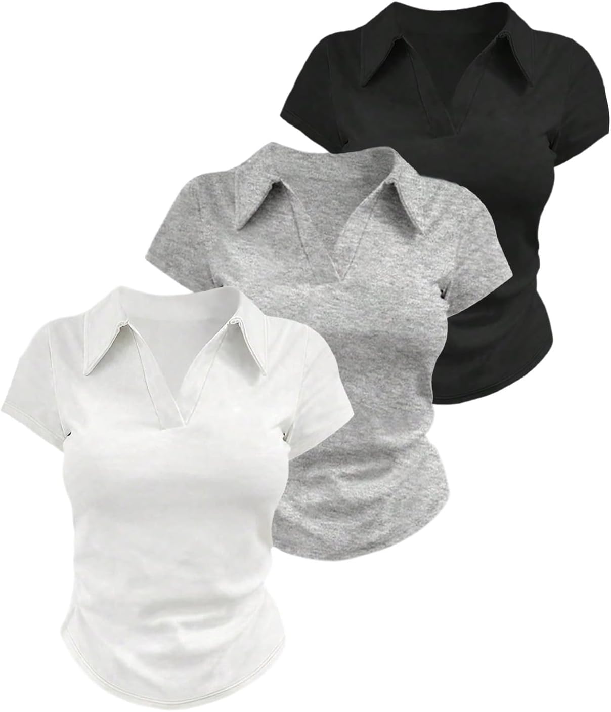 SOLY HUX Women's Collared V Neck T Shirts 3 Packs Slim Fitted Crop Tees Short Sleeve Tops