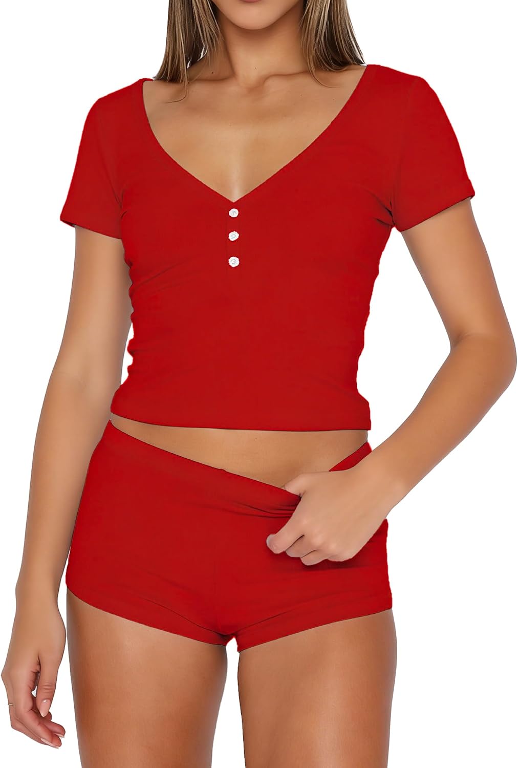 TiulZial Womens 2 Piece Pajamas Set V Neck Short Sleeve Cropped Top And Slim Fit Shorts PJs Outfits Ribbed Lounge Sets image 5