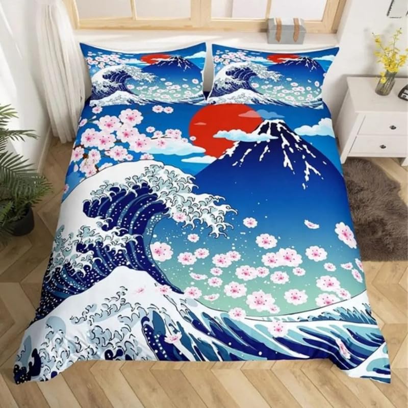 Funda nórdica para cama 90 azul con diseño de flor de cerezo en microfibra suave de 155x220cm