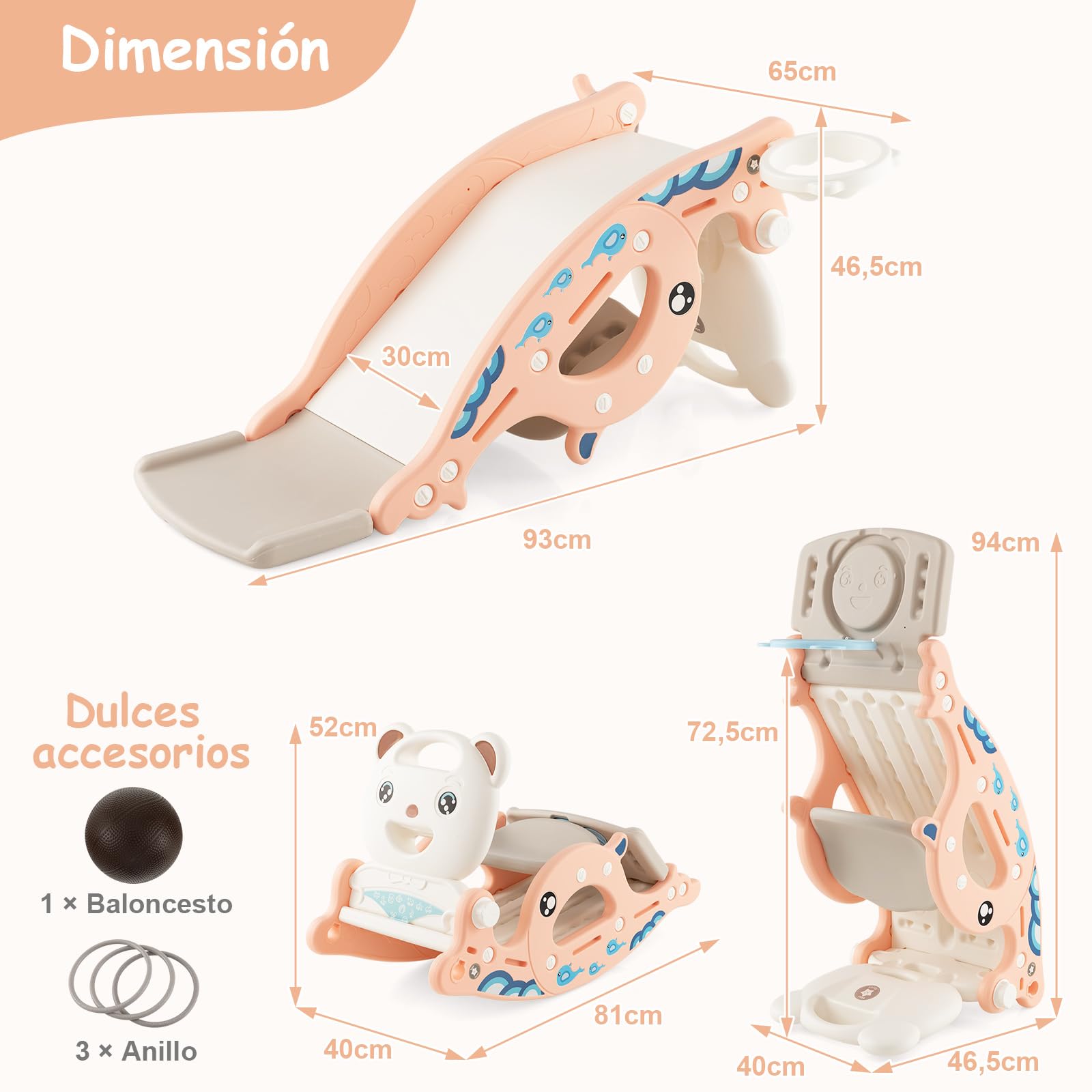 COSTWAY Tobogán Infantil Plegable 4 en 1, Tobogán para Niños con Canasta de Baloncesto y Escalera, Tobogán Multifuncional para Niños con Anillos, Caballo Balancín para Niños (Rosa, Oso)