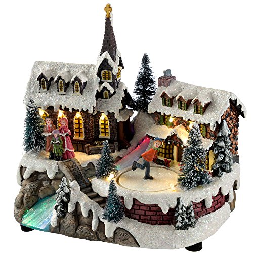 WeRChristmas Pre-Lit LED Musical Animated Christmas Village Scene, Rotating Skating Child, 21 cm - Multi-Colour