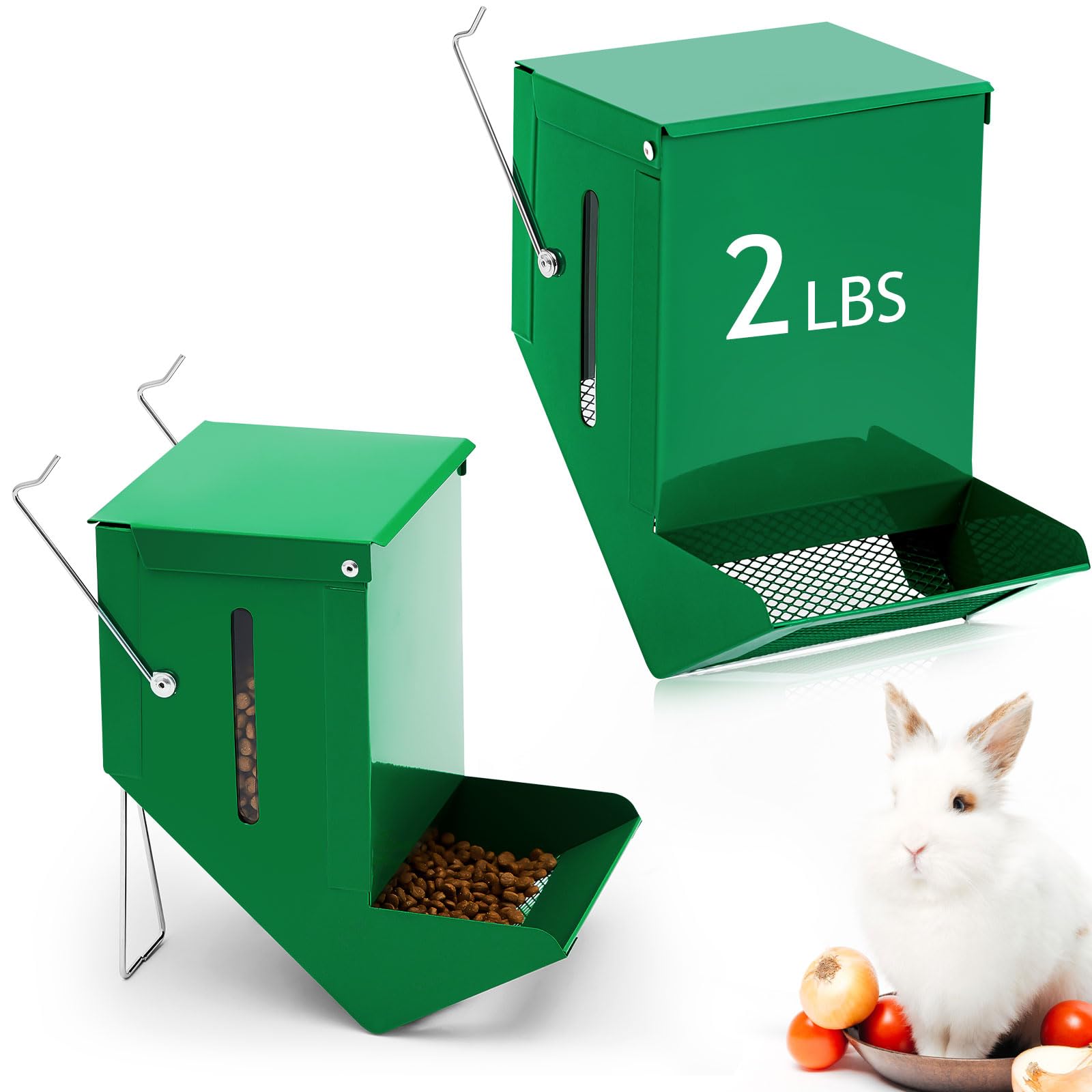 Maxcheck 2 mangiatoie per conigli per gabbie, dispenser di cibo per piccoli animali, con coperchio, in metallo, per grani di pollo, ostriche, conchiglie (11,9 cm, finestrella di visualizzazione, verde