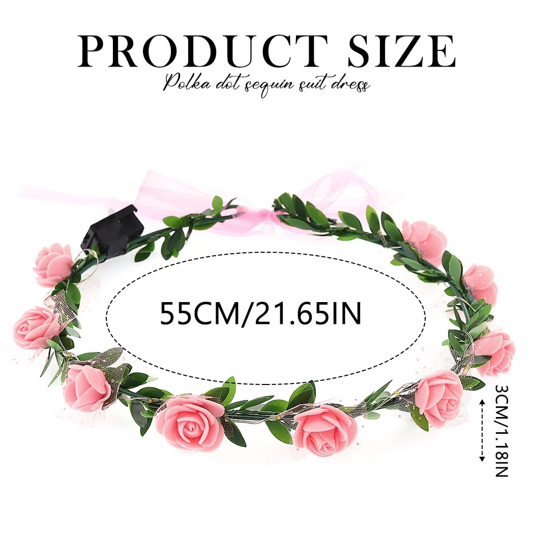 Zoestar Light Up Flower Crown Headband LED Hair Wreath Headbands Bridal Floral Headpiece Festival Party Hair Accessories for Women and Girls (Pink - Image 3