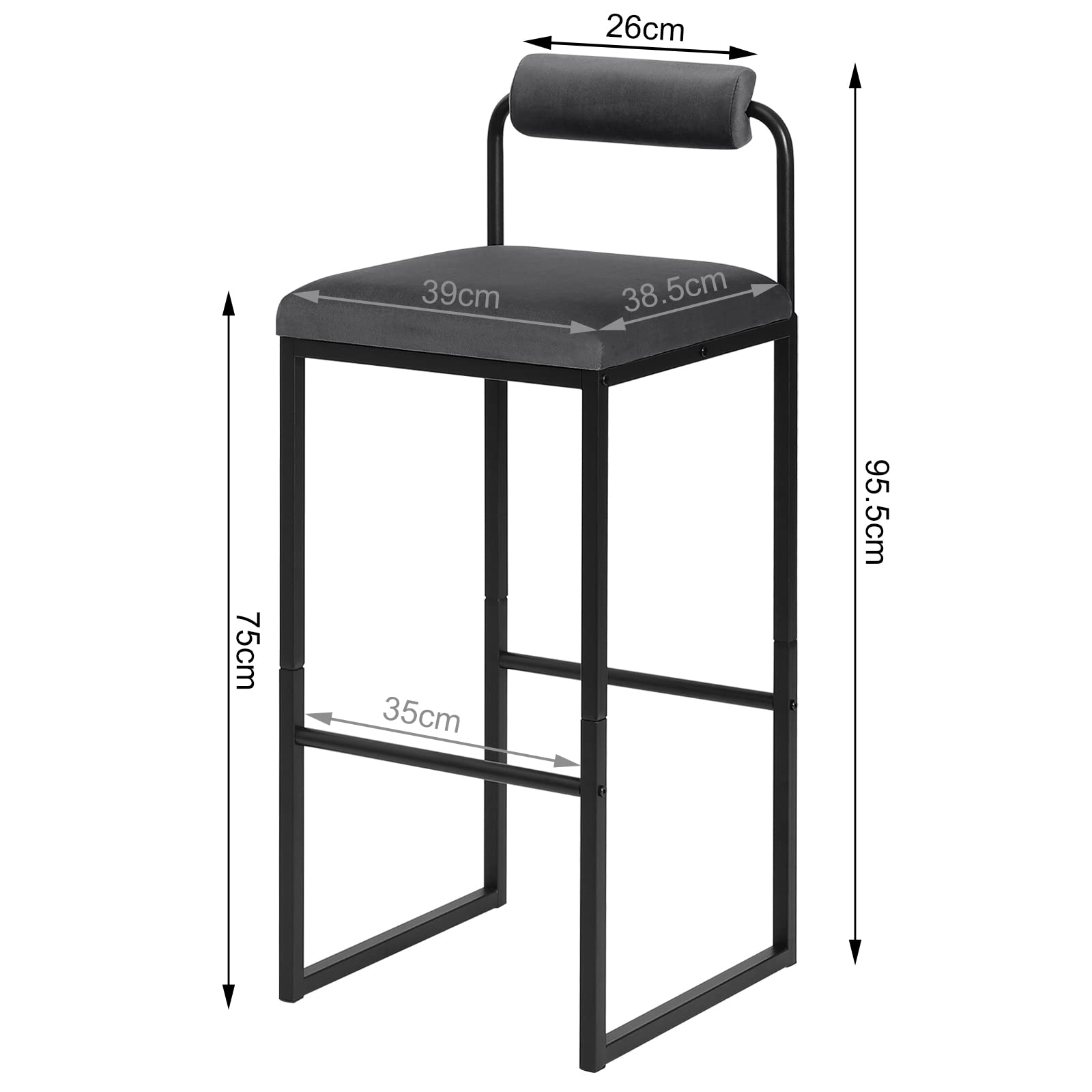 WOLTU 2x Sgabelli da Bar con Poggiapiedi, Sedie Alte con Schienale, Design Moderno, Sgabelli da Cucina Imbottiti in Velluto e Metallo, Grigio Scuro BH343dgr-2