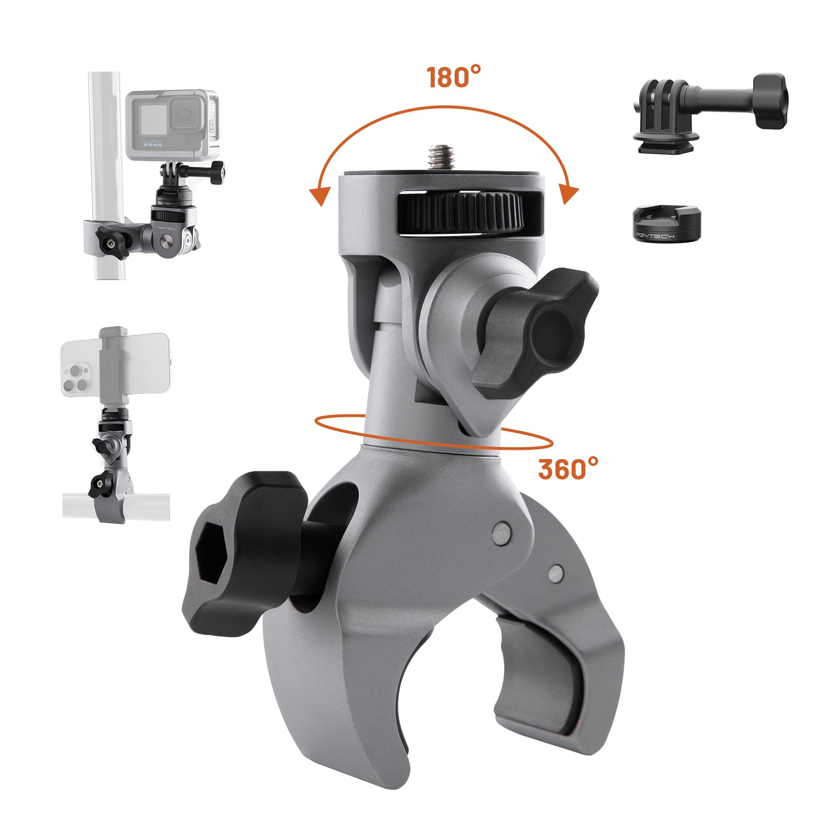 PGYTECH CapLock Super Clamp Mount Heavy Duty Robuste Klemme Aluminium Motorrad Halterung für Insta360 Ace Pro 2/X5/X4 Lenkerhalterung mit 1/4" Schraube für GoPro, für DJI OSMO, Action Kamera Zubehör