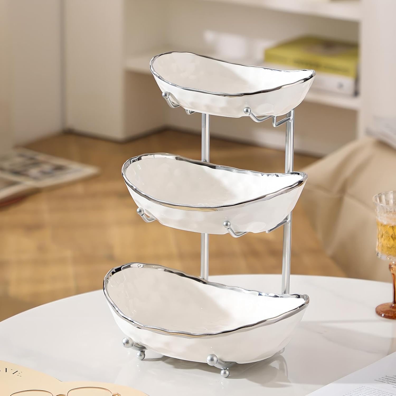 XUDREZ 3 Tier Fruit Bowl with Metal Stand for Kitchen Counter, Ceramic White Gold Silver, Tiered Fruit Basket for Nuts, Snacks, Bread, Candy Storage (White B)