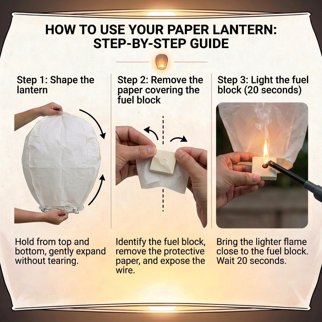 Ediesi, Lanterne Cinesi Volanti, 10 Pezzi, 100% Biodegradabile, di Carta, Bianco, Sky Lanterns, con un Pennarello per Scrivere i Desideri