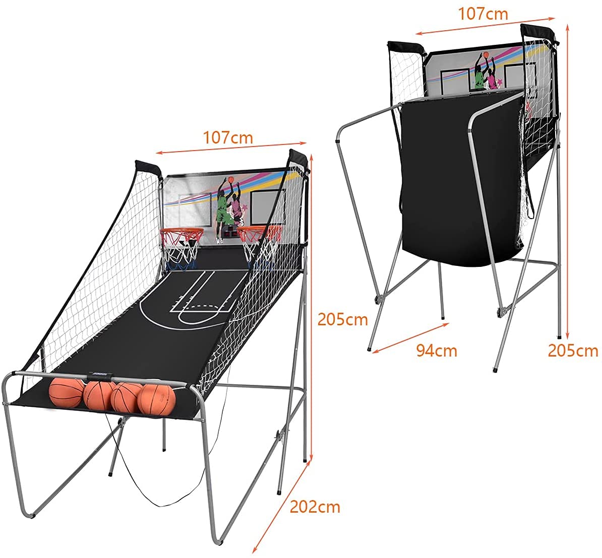 RELAX4LIFE Basketball Automat Elektronisch, Basketball Schießmaschine Klappbar, Baskeltballständer Doppelschuss mit 8 Spielmodi&Anzeigetafel, inkl. 2 Körben, 4 Bällen&Pumpe, Arcade Basketballspiele
