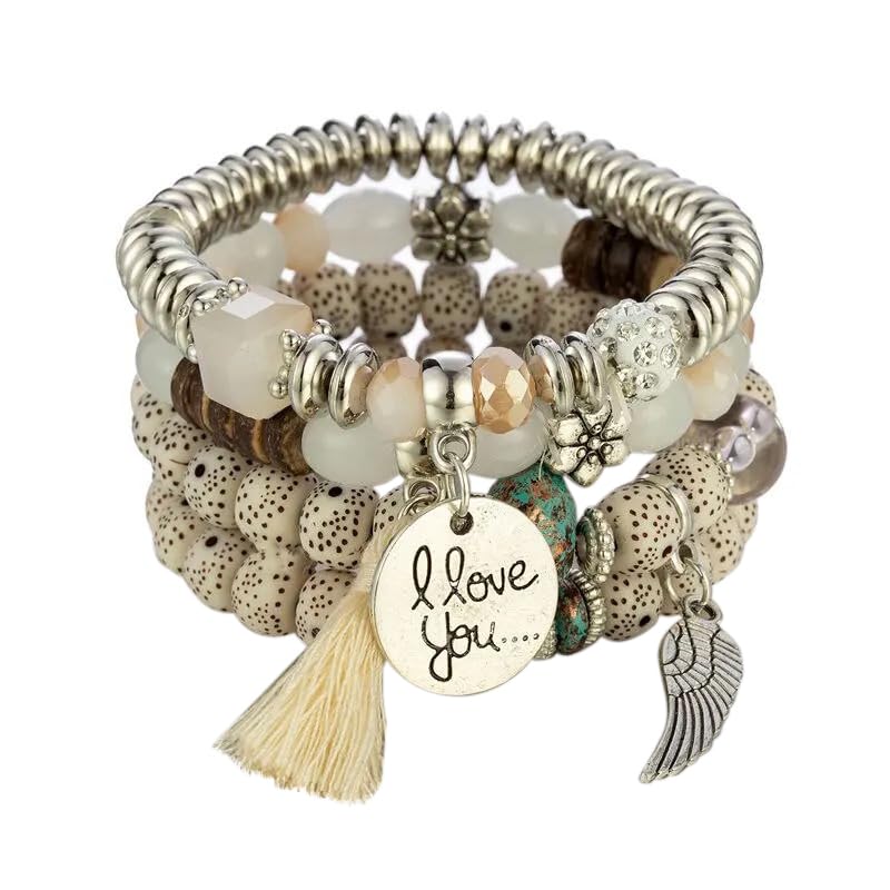 Latest Stylish Bohemian I Love You Feather Tassel Charm Multilayer Beaded Bangle Bodhi Bracelet for Women and Girls-image-22