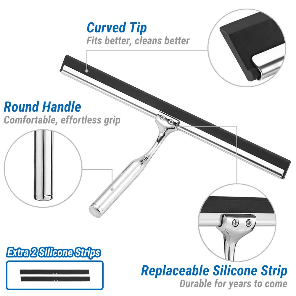 General Tergicristallo per doccia in acciaio inossidabile con tergivetro da 31 cm Tergivetro per doccia in acciaio inossidabile senza finestra di perforazione con gancio per parete
