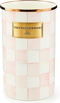MACKENZIE-CHILDS Enamel Utensil Holder, Kitchen Utensil Holder for Countertop, Storage Caddy, Pink-and-White Rosy Check