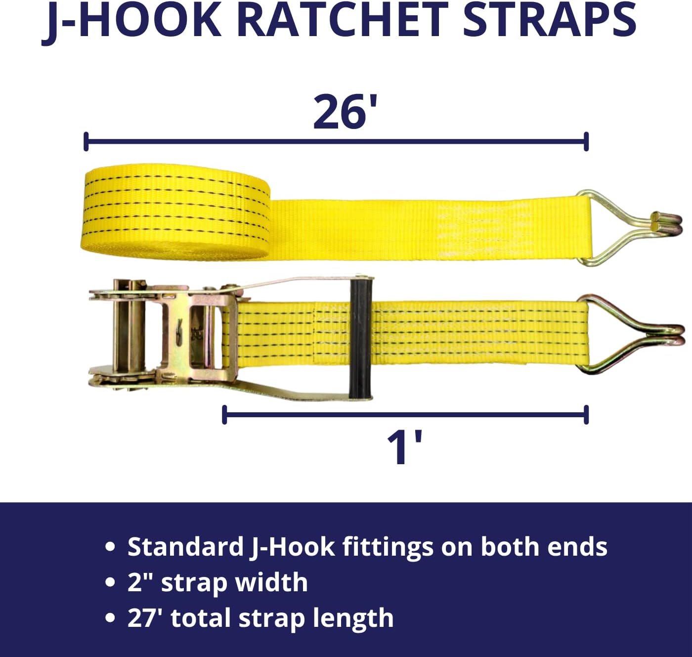 Ratchet Tie Down Straps, 2 in x 27 ft, 5,000 lb Breaking Strength, J-Hook, 4-Pack