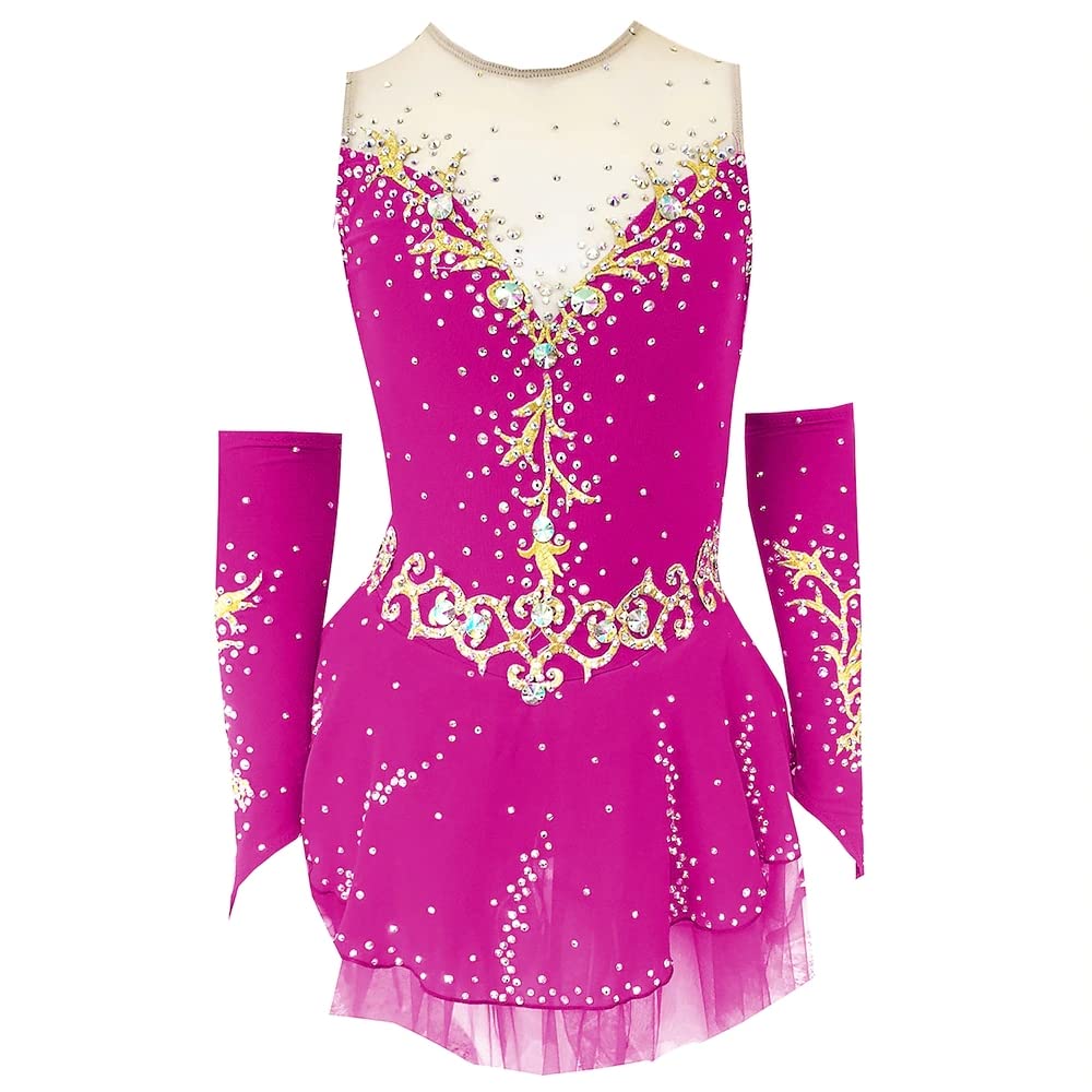 Vestido de patinaje artístico para niñas y mujeres, para competición de patinaje, ropa de baile, vestido de patinaje sobre hielo hecho a mano con mangas