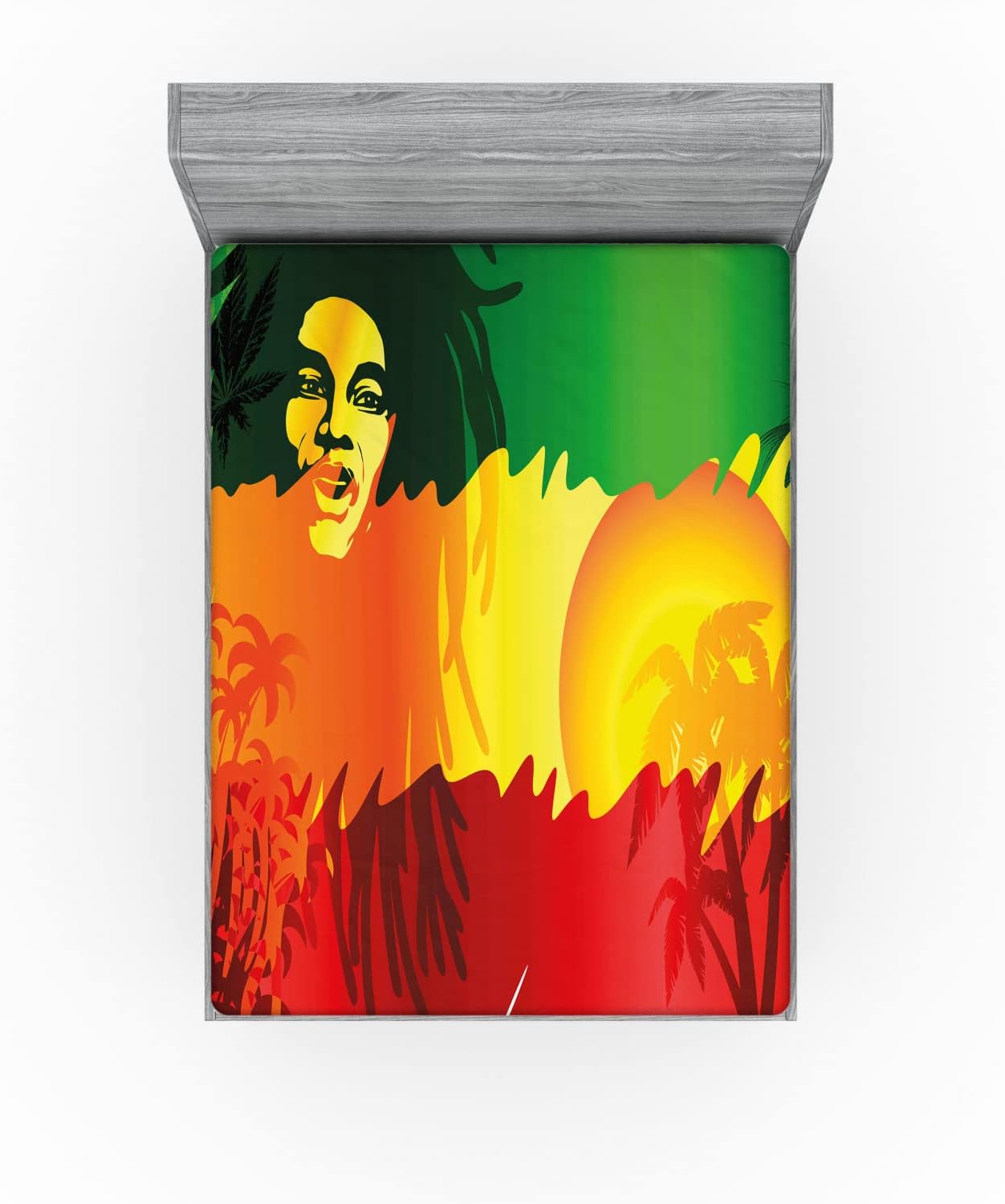 Ambesonne Rasta Fitted Sheet, Iconic Reggae Music Singer Abstract Design Sun and Palm Trees, Soft Decorative Fabric Bedding All-Round Elastic Pocket, Queen Size, Orange