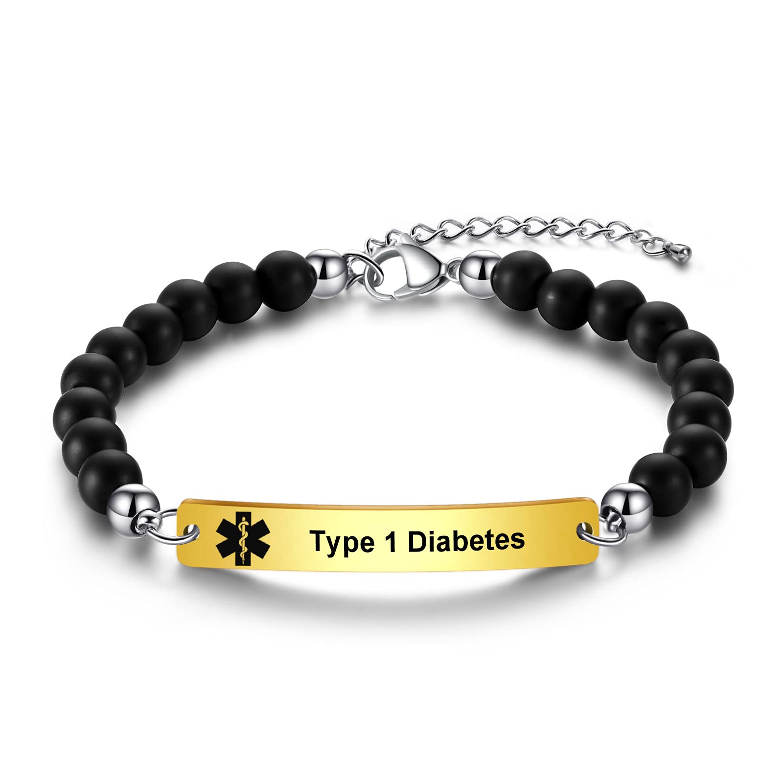 JUST MEET YOU Custom Medical Alert Bracelets for Women Type 1 Diabetes Medical ID Bracelets with Free Engraving Personalized Black Agate Emergency Bracelet Adjustable