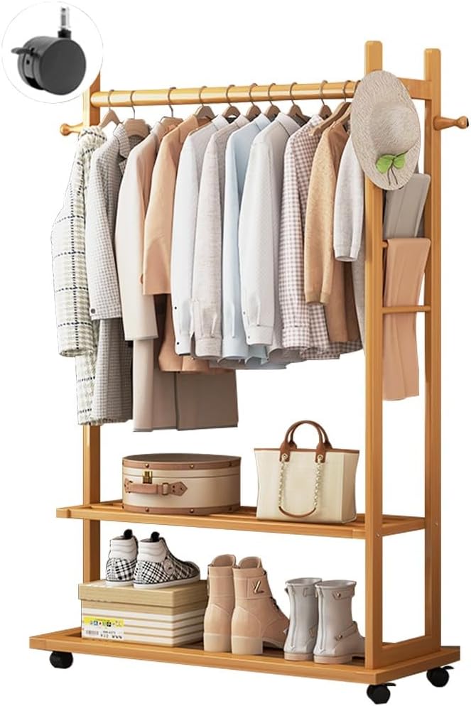 3-in-1 Floor-Standing Bamboo Coat Rack with Wheels, Durable Solid Wood Design, Shoe Storage & Hooks, Easy Assembly, 92x33x158cm, Ideal for Home Organization & Stylish Décor