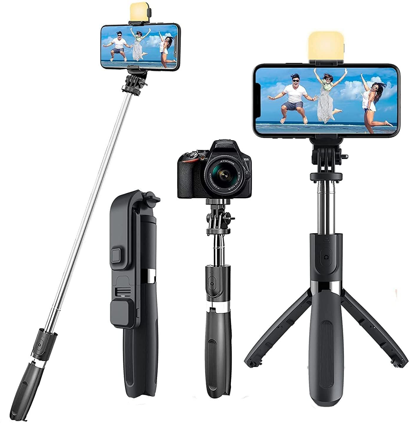R1s Bluetooth Selfie Sticks with Remote and Selfie Light, 3-in-1 Multifunctional Selfie Stick Tripod Stand Mobile Stand Compatible with All Phones (Black)-image-33