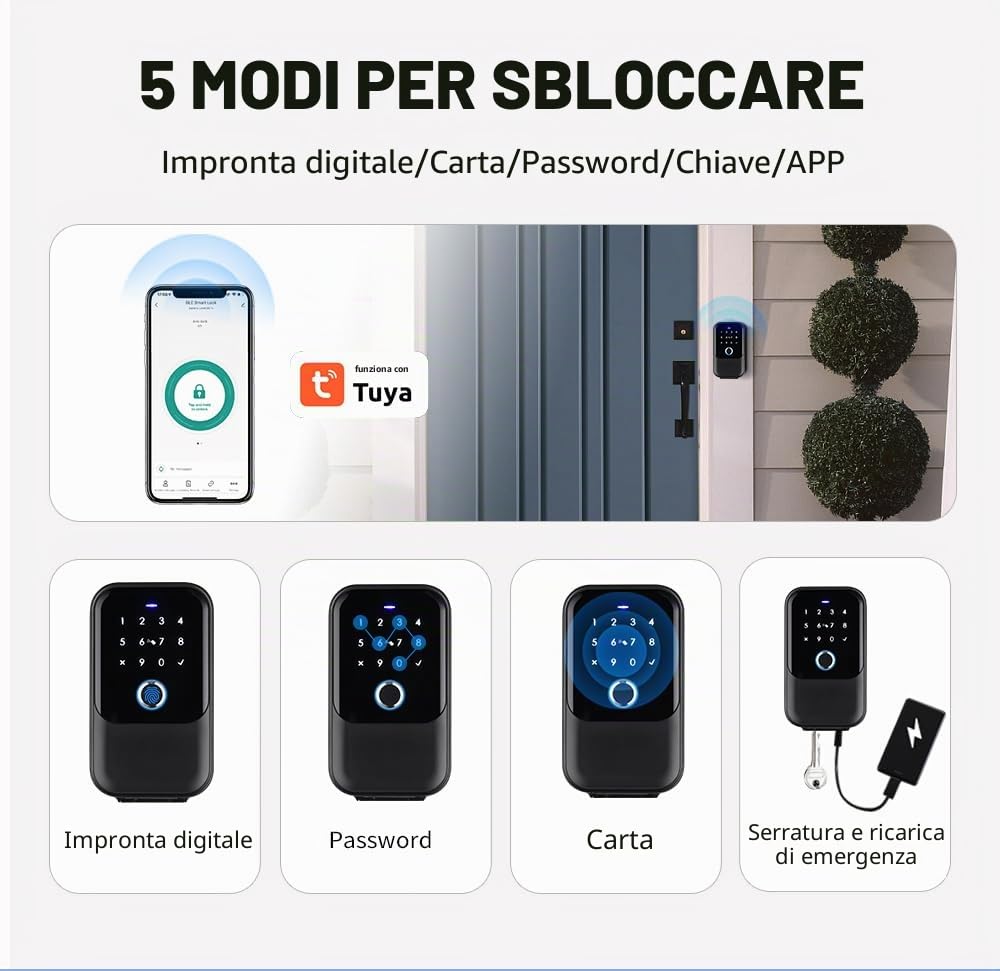 Smart KeyBox - Cassetta portachiavi connessa in alluminio nero - Gateway Bluetooth/Wi-Fi 2,4 GHz incluso - App Tuya - Codice, 4 badge, Impronta, Smartphone, 2 chiavi di riserva