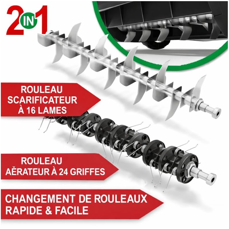 Scarificateur Aérateur de pelouse électrique 2 en 1 1800 watts Largeur travail 38cm
